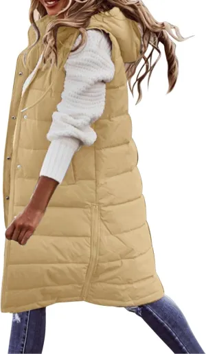 Women's Long Vest Sleeveless Lightweight Puffer Jacket Down Coat Quilted Vest Hood Warm Winter with Pocket Plus Size