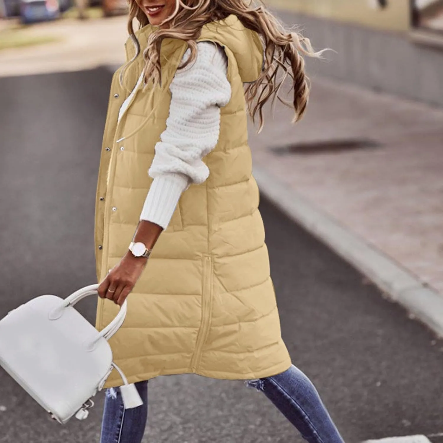 Women's Long Vest Sleeveless Lightweight Puffer Jacket Down Coat Quilted Vest Hood Warm Winter with Pocket Plus Size