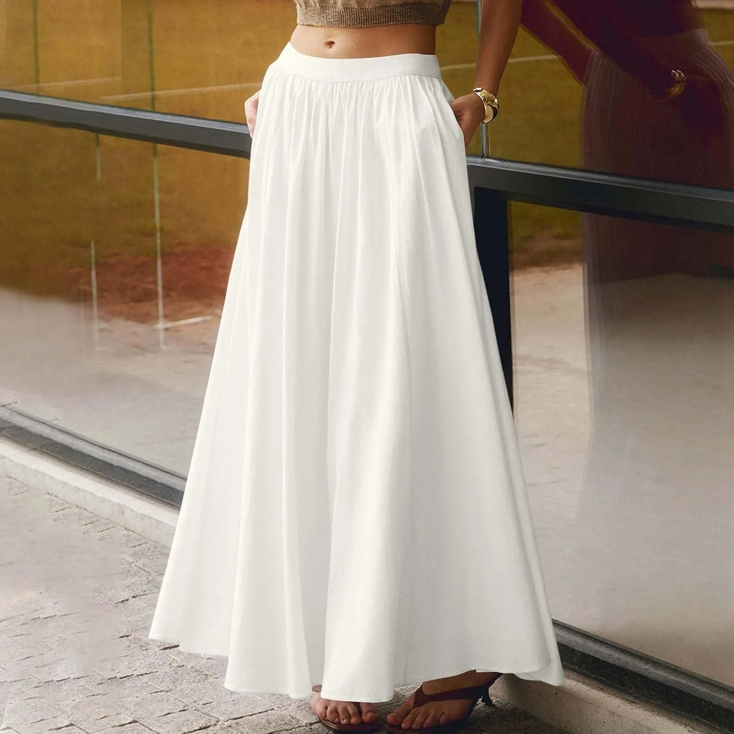 Womens Maxi Skirts Baggy Casual Flowy Skirt 2025 Summer Fashion Outfit Basic Solid A-Line Swing Skirts with Pocket