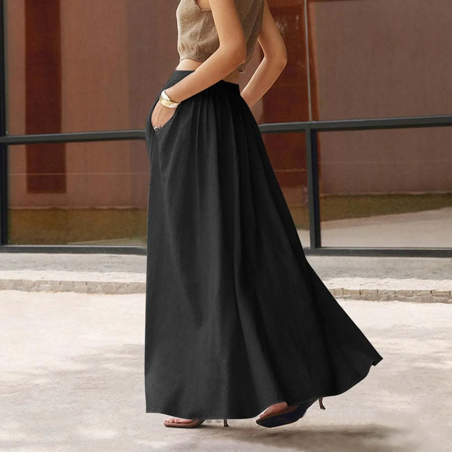 Womens Maxi Skirts Baggy Casual Flowy Skirt 2025 Summer Fashion Outfit Basic Solid A-Line Swing Skirts with Pocket