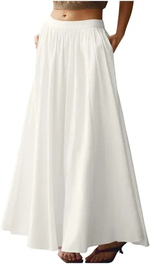 Womens Maxi Skirts Baggy Casual Flowy Skirt 2025 Summer Fashion Outfit Basic Solid A-Line Swing Skirts with Pocket