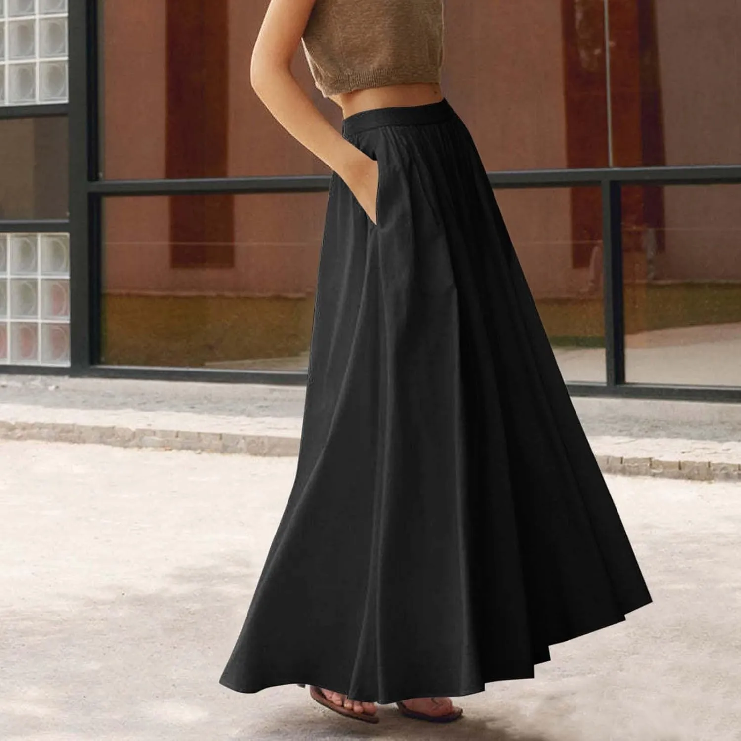 Womens Maxi Skirts Baggy Casual Flowy Skirt 2025 Summer Fashion Outfit Basic Solid A-Line Swing Skirts with Pocket