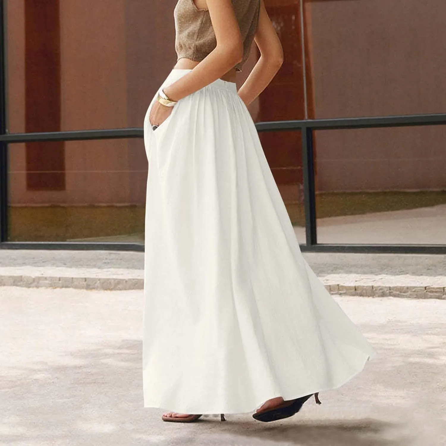 Womens Maxi Skirts Baggy Casual Flowy Skirt 2025 Summer Fashion Outfit Basic Solid A-Line Swing Skirts with Pocket