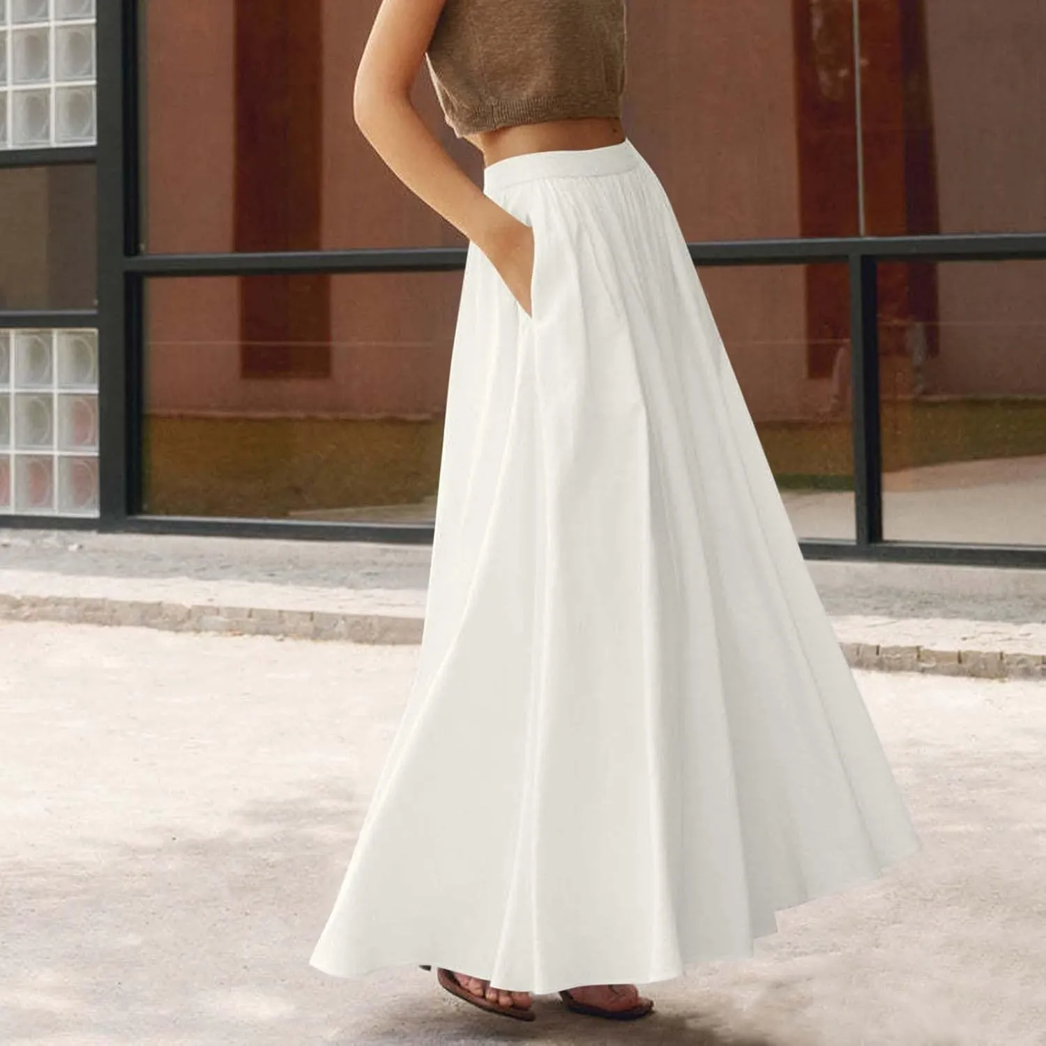 Womens Maxi Skirts Baggy Casual Flowy Skirt 2025 Summer Fashion Outfit Basic Solid A-Line Swing Skirts with Pocket