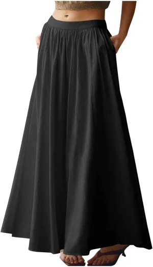 Womens Maxi Skirts Baggy Casual Flowy Skirt 2025 Summer Fashion Outfit Basic Solid A-Line Swing Skirts with Pocket