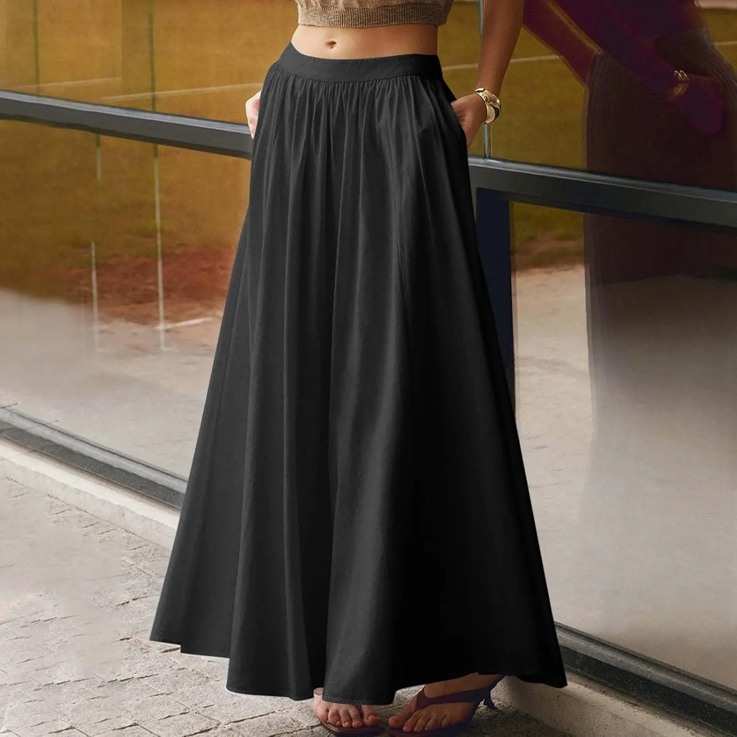Womens Maxi Skirts Baggy Casual Flowy Skirt 2025 Summer Fashion Outfit Basic Solid A-Line Swing Skirts with Pocket