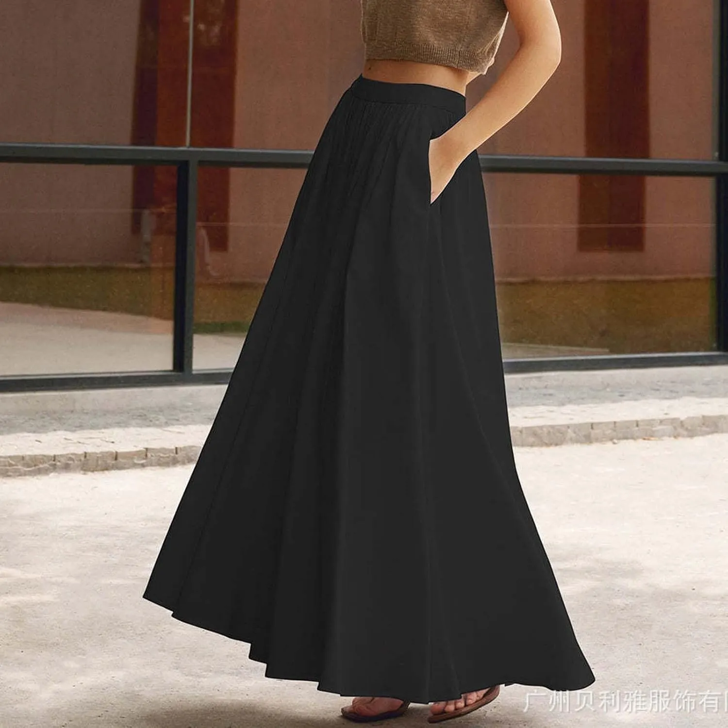 Womens Maxi Skirts Baggy Casual Flowy Skirt 2025 Summer Fashion Outfit Basic Solid A-Line Swing Skirts with Pocket