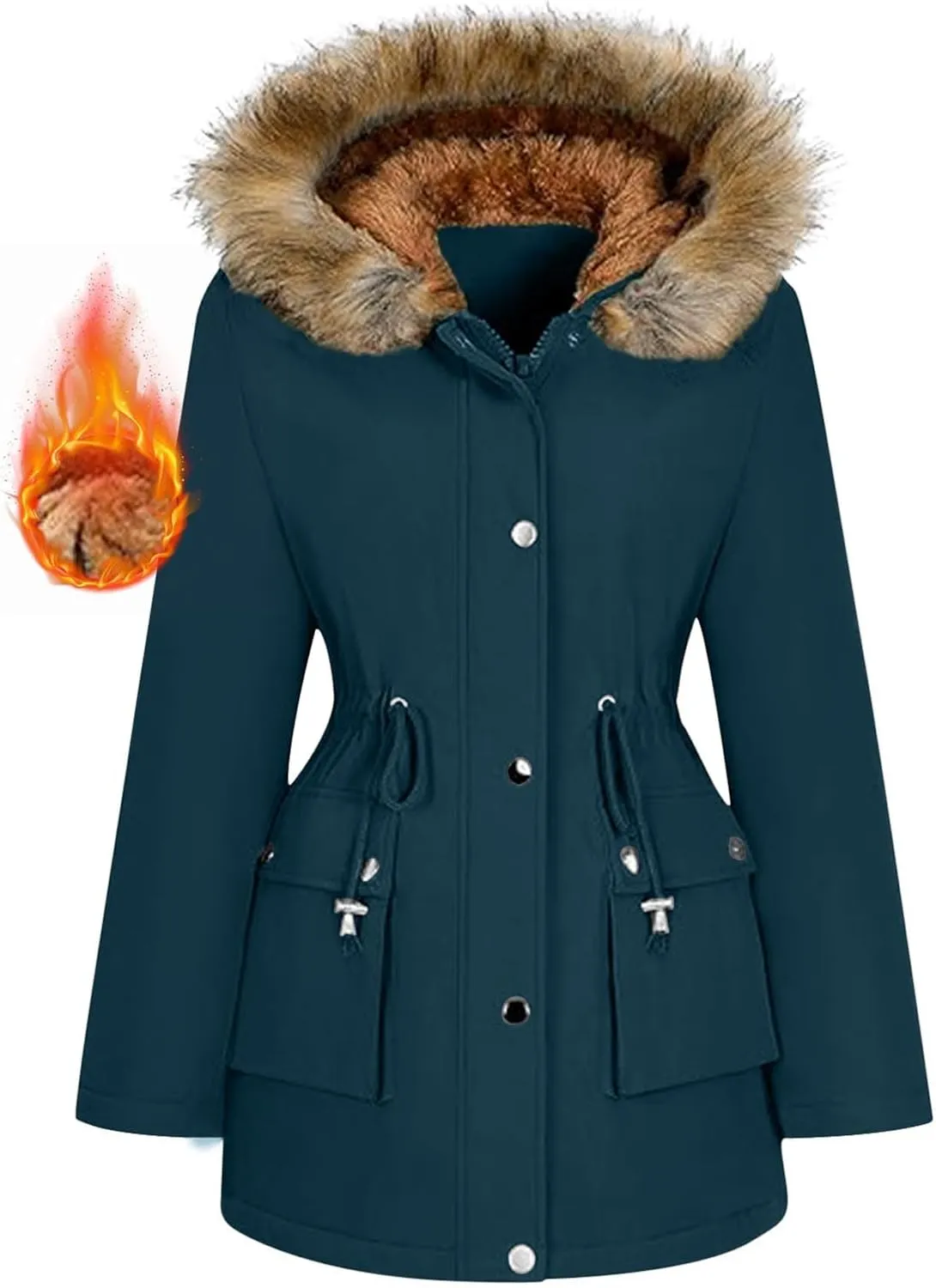 Women's Mid-Length Parka Winter Outerwear Jacket Soft Fleece Warm Snow Coat Solid Color Classic Coats Casual Jacket