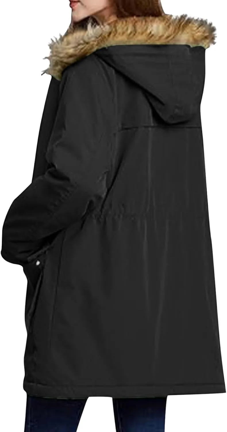 Women's Mid-Length Parka Winter Outerwear Jacket Soft Fleece Warm Snow Coat Solid Color Classic Coats Casual Jacket