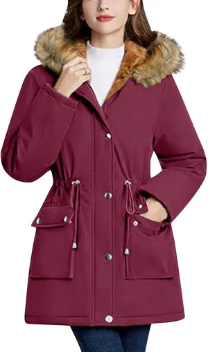 Women's Mid-Length Parka Winter Outerwear Jacket Soft Fleece Warm Snow Coat Solid Color Classic Coats Casual Jacket