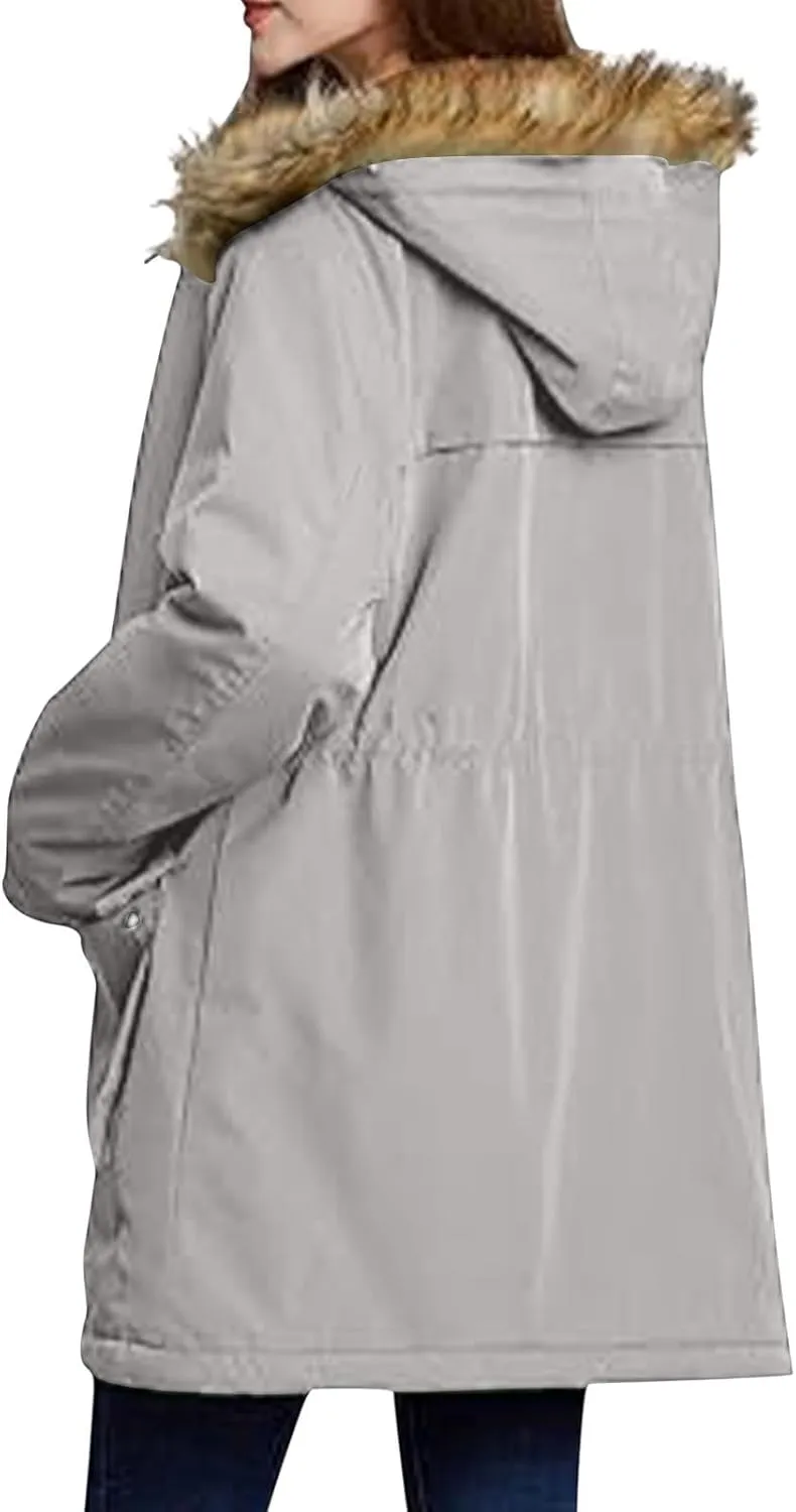 Women's Mid-Length Parka Winter Outerwear Jacket Soft Fleece Warm Snow Coat Solid Color Classic Coats Casual Jacket