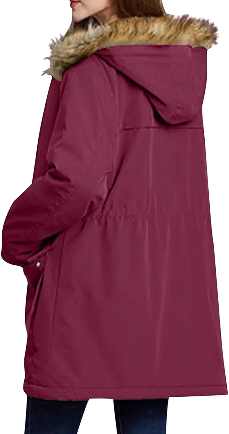 Women's Mid-Length Parka Winter Outerwear Jacket Soft Fleece Warm Snow Coat Solid Color Classic Coats Casual Jacket