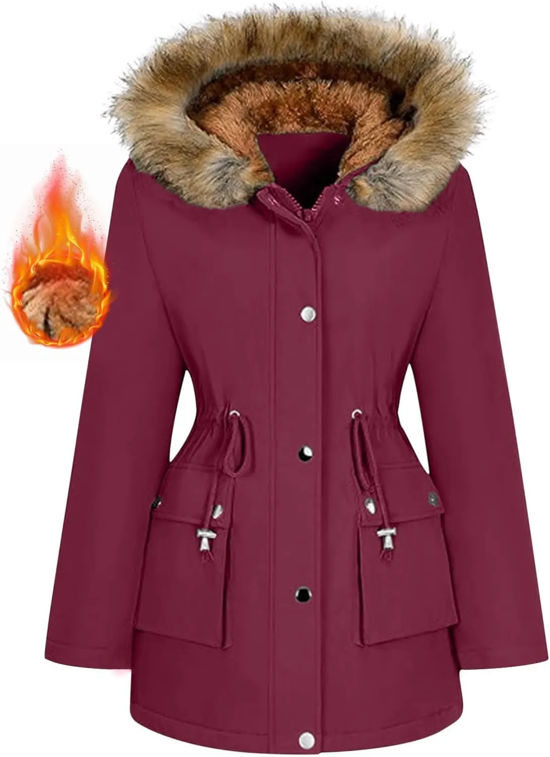 Women's Mid-Length Parka Winter Outerwear Jacket Soft Fleece Warm Snow Coat Solid Color Classic Coats Casual Jacket