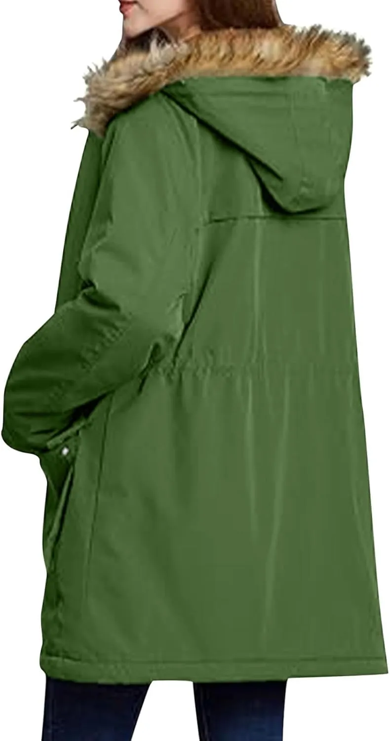 Women's Mid-Length Parka Winter Outerwear Jacket Soft Fleece Warm Snow Coat Solid Color Classic Coats Casual Jacket