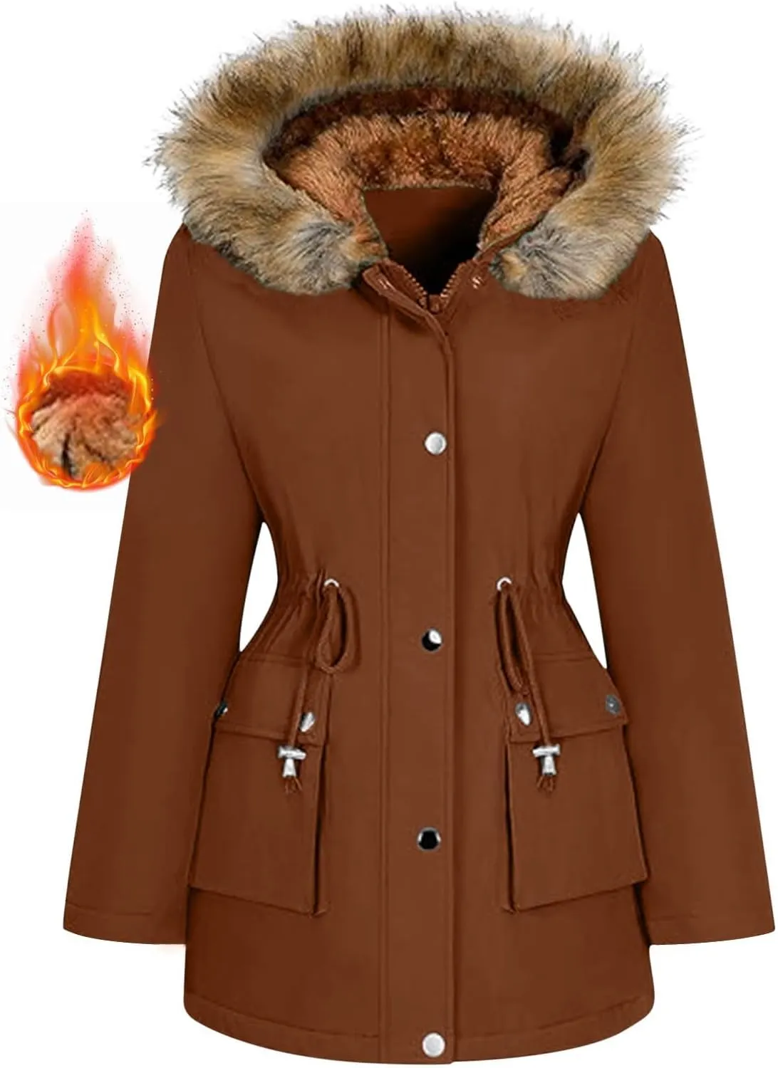 Women's Mid-Length Parka Winter Outerwear Jacket Soft Fleece Warm Snow Coat Solid Color Classic Coats Casual Jacket