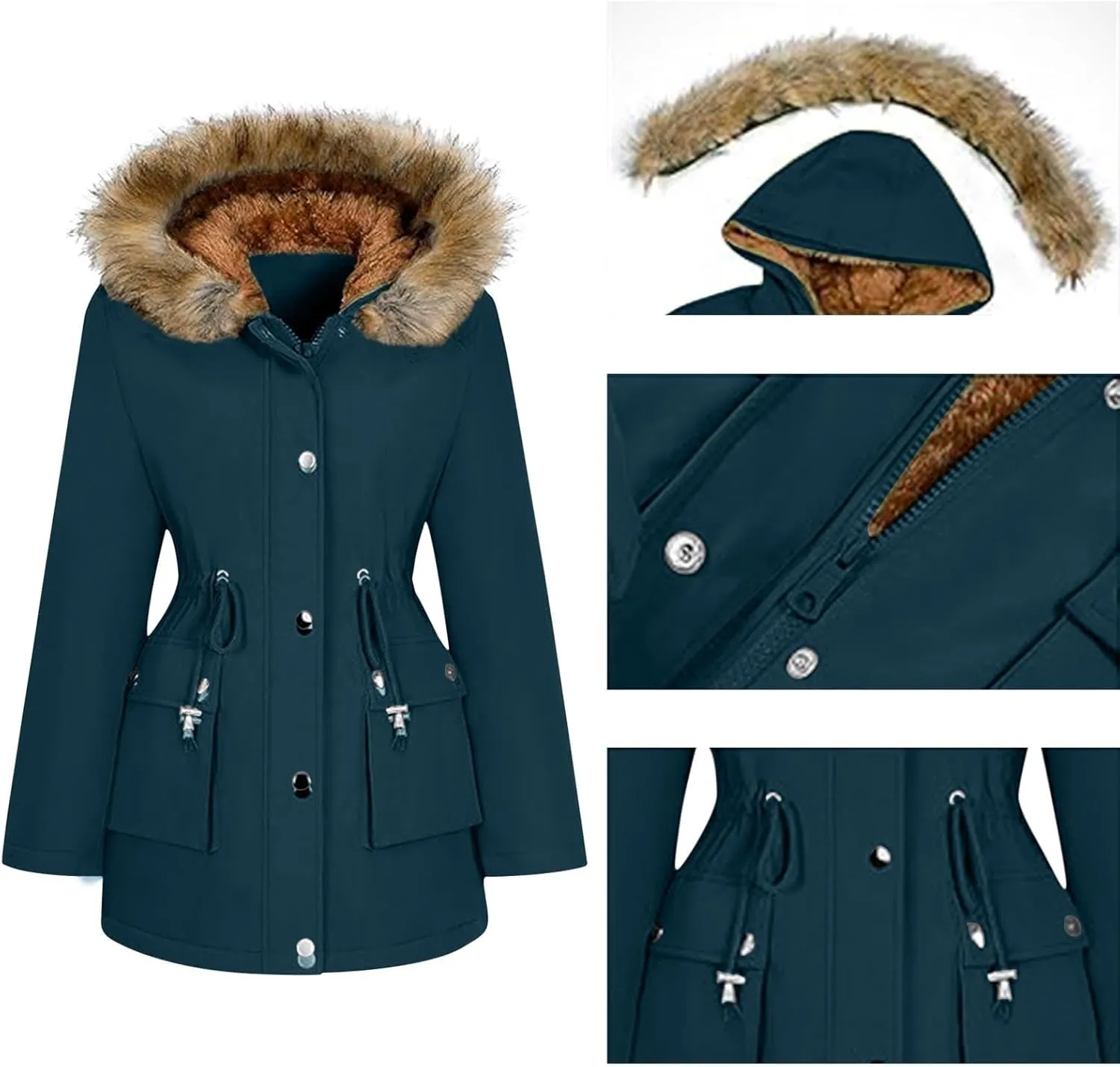 Women's Mid-Length Parka Winter Outerwear Jacket Soft Fleece Warm Snow Coat Solid Color Classic Coats Casual Jacket