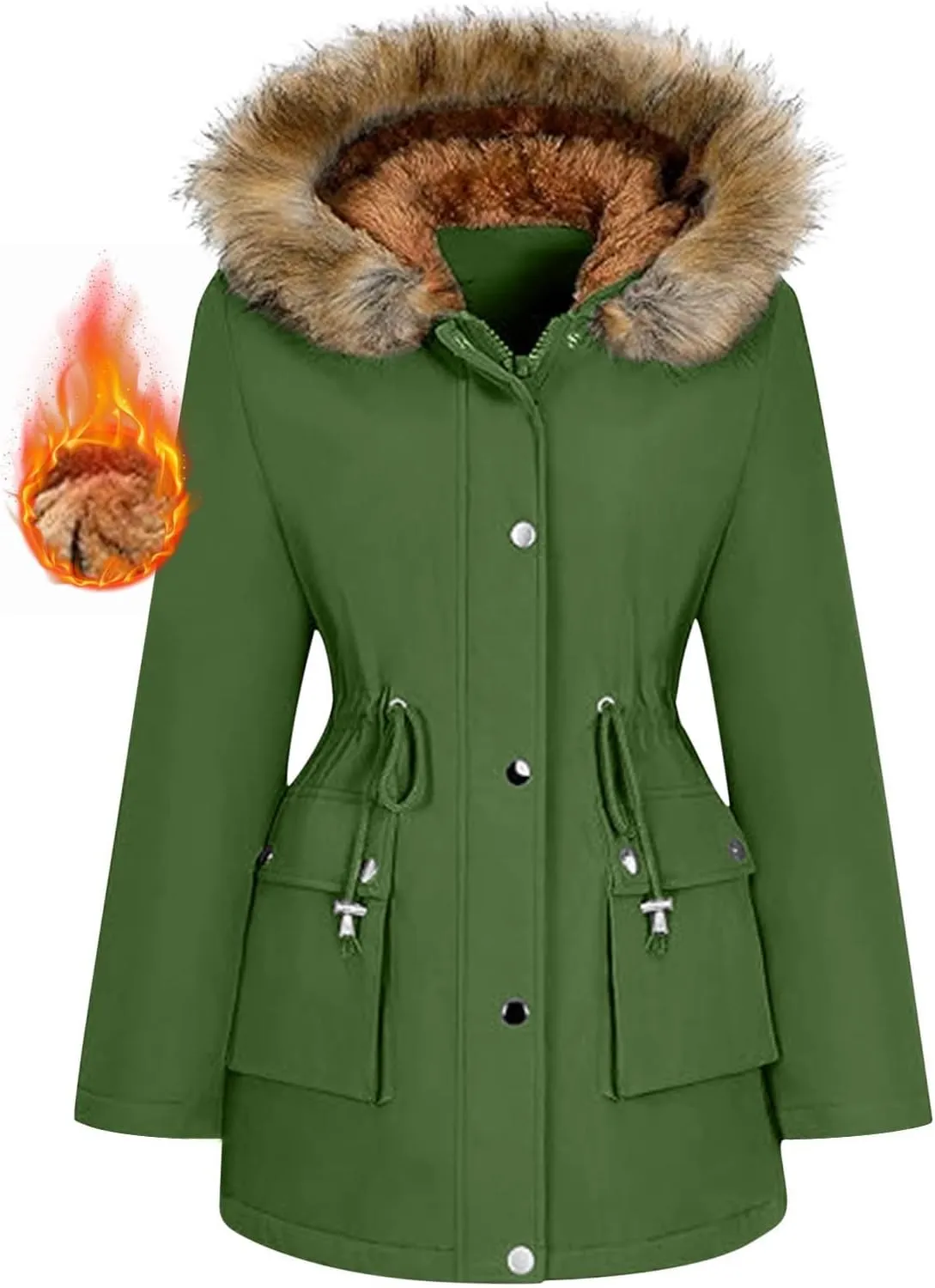 Women's Mid-Length Parka Winter Outerwear Jacket Soft Fleece Warm Snow Coat Solid Color Classic Coats Casual Jacket