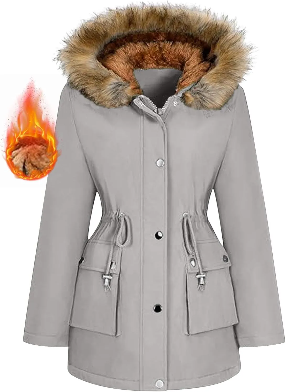 Women's Mid-Length Parka Winter Outerwear Jacket Soft Fleece Warm Snow Coat Solid Color Classic Coats Casual Jacket