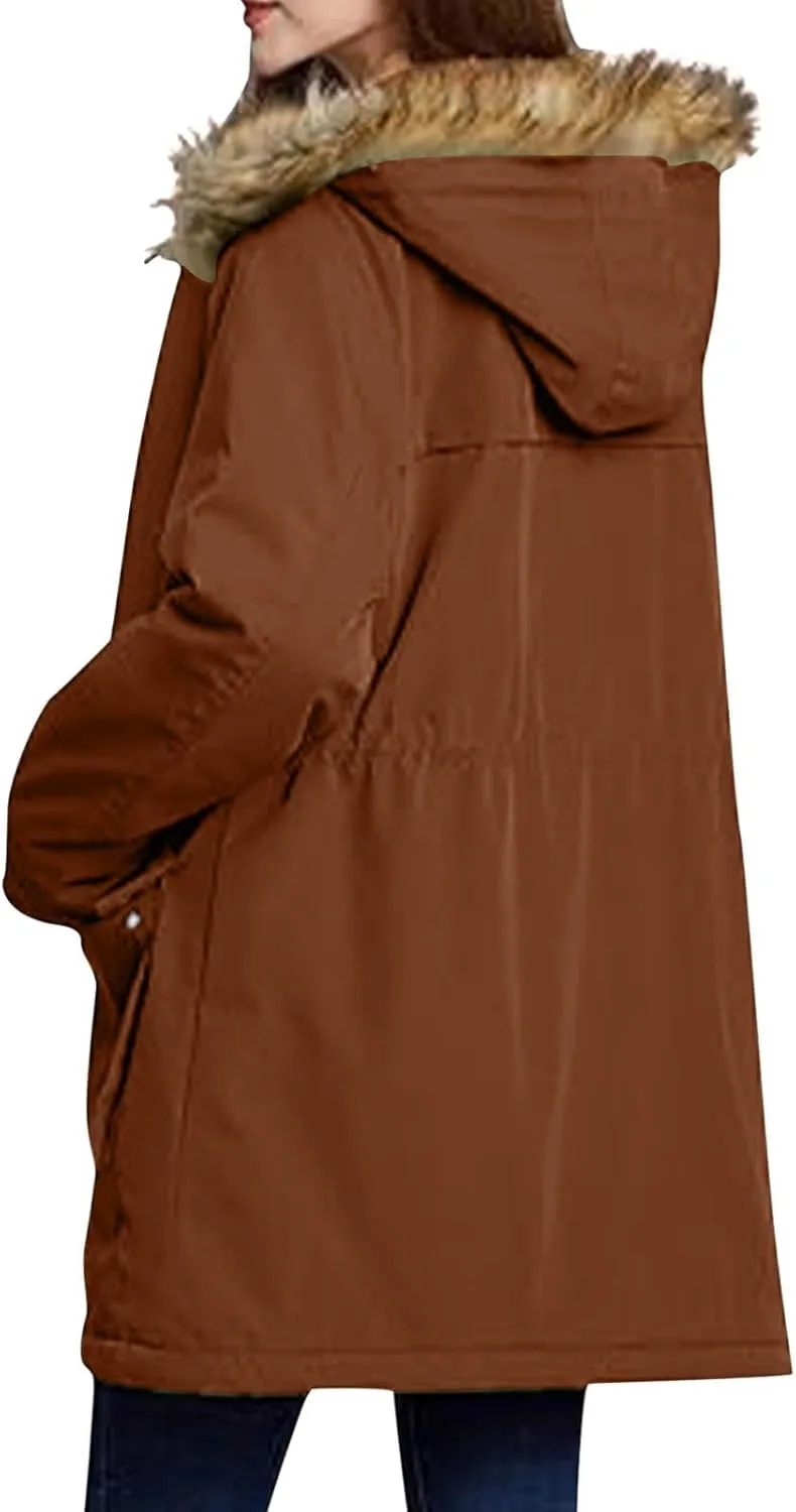 Women's Mid-Length Parka Winter Outerwear Jacket Soft Fleece Warm Snow Coat Solid Color Classic Coats Casual Jacket