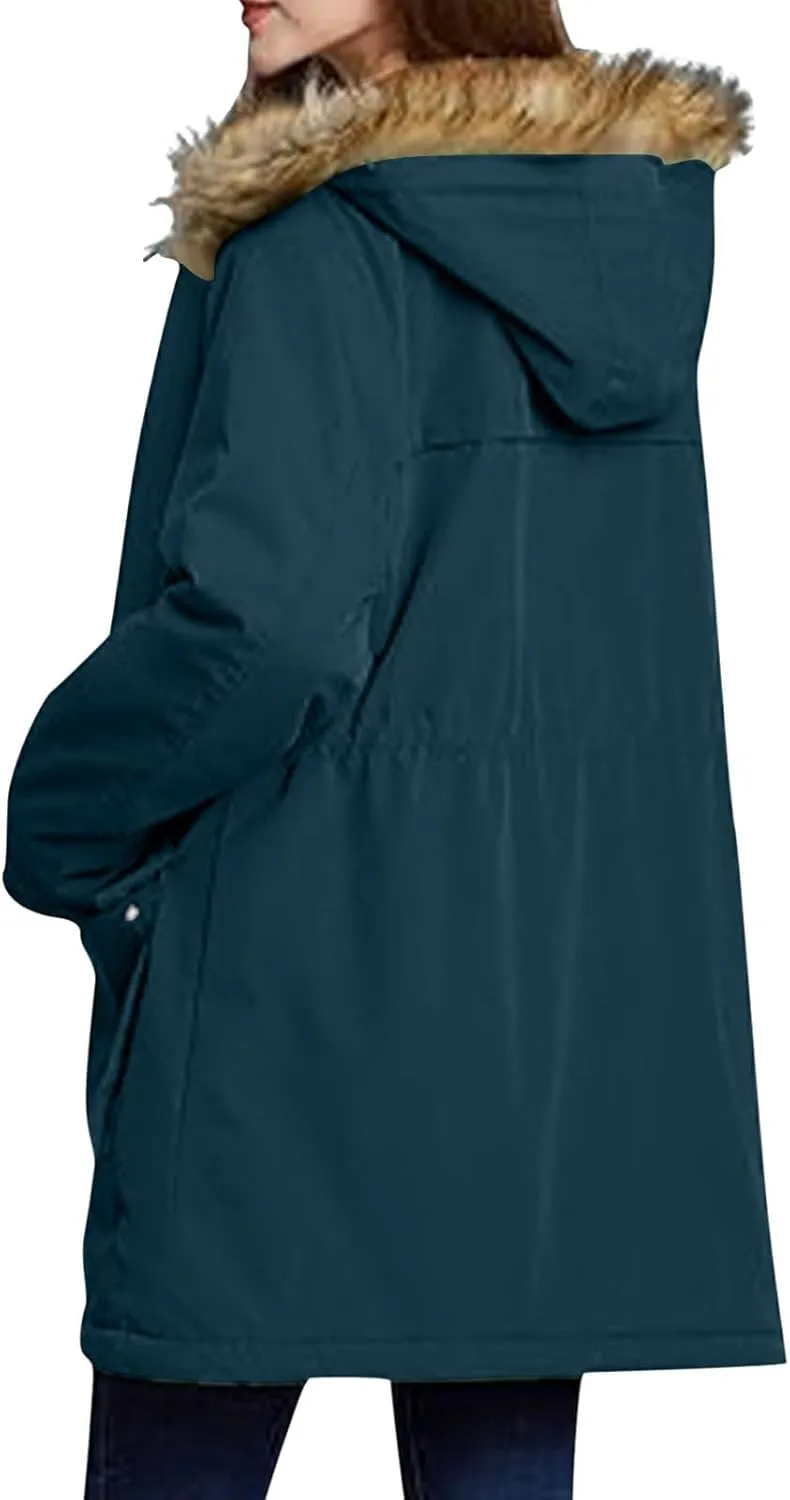 Women's Mid-Length Parka Winter Outerwear Jacket Soft Fleece Warm Snow Coat Solid Color Classic Coats Casual Jacket