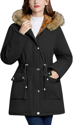 Women's Mid-Length Parka Winter Outerwear Jacket Soft Fleece Warm Snow Coat Solid Color Classic Coats Casual Jacket