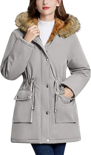 Women's Mid-Length Parka Winter Outerwear Jacket Soft Fleece Warm Snow Coat Solid Color Classic Coats Casual Jacket