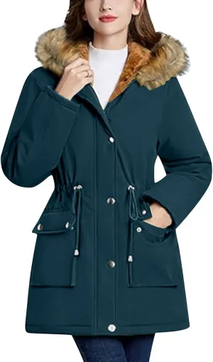 Women's Mid-Length Parka Winter Outerwear Jacket Soft Fleece Warm Snow Coat Solid Color Classic Coats Casual Jacket