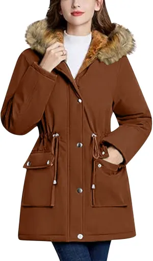 Women's Mid-Length Parka Winter Outerwear Jacket Soft Fleece Warm Snow Coat Solid Color Classic Coats Casual Jacket