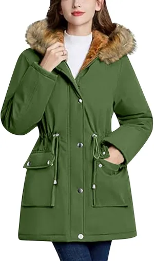 Women's Mid-Length Parka Winter Outerwear Jacket Soft Fleece Warm Snow Coat Solid Color Classic Coats Casual Jacket