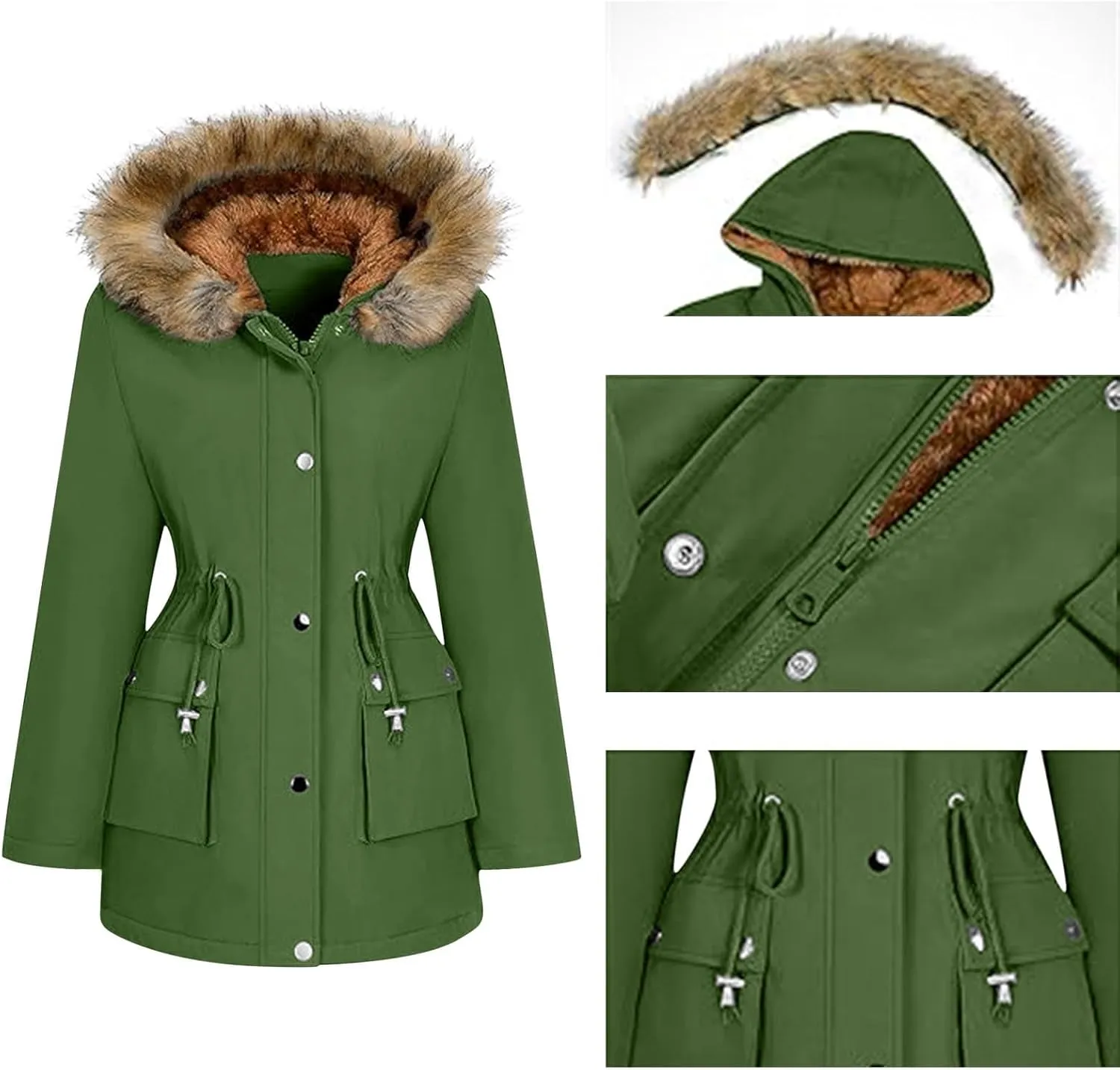 Women's Mid-Length Parka Winter Outerwear Jacket Soft Fleece Warm Snow Coat Solid Color Classic Coats Casual Jacket
