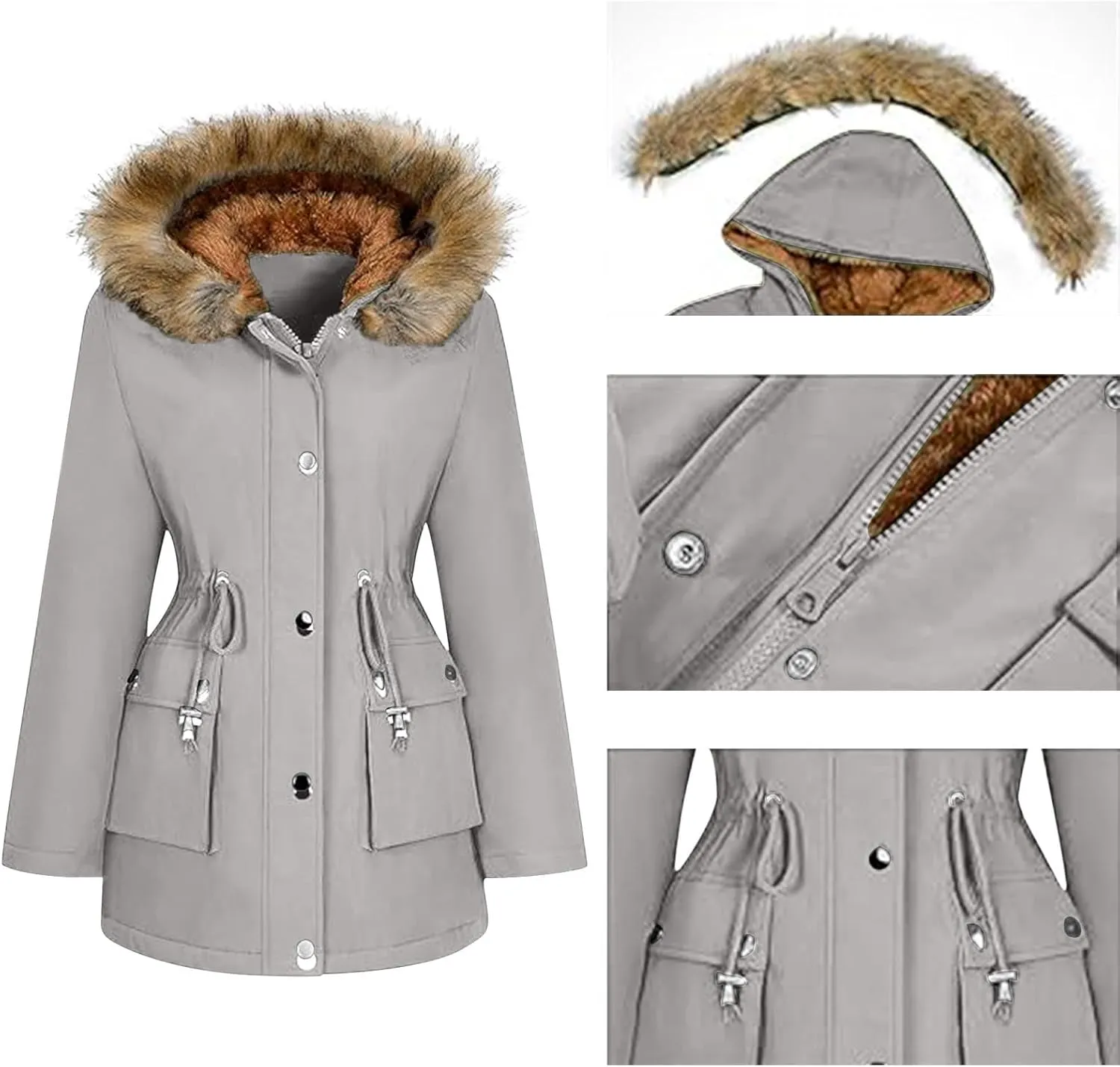 Women's Mid-Length Parka Winter Outerwear Jacket Soft Fleece Warm Snow Coat Solid Color Classic Coats Casual Jacket