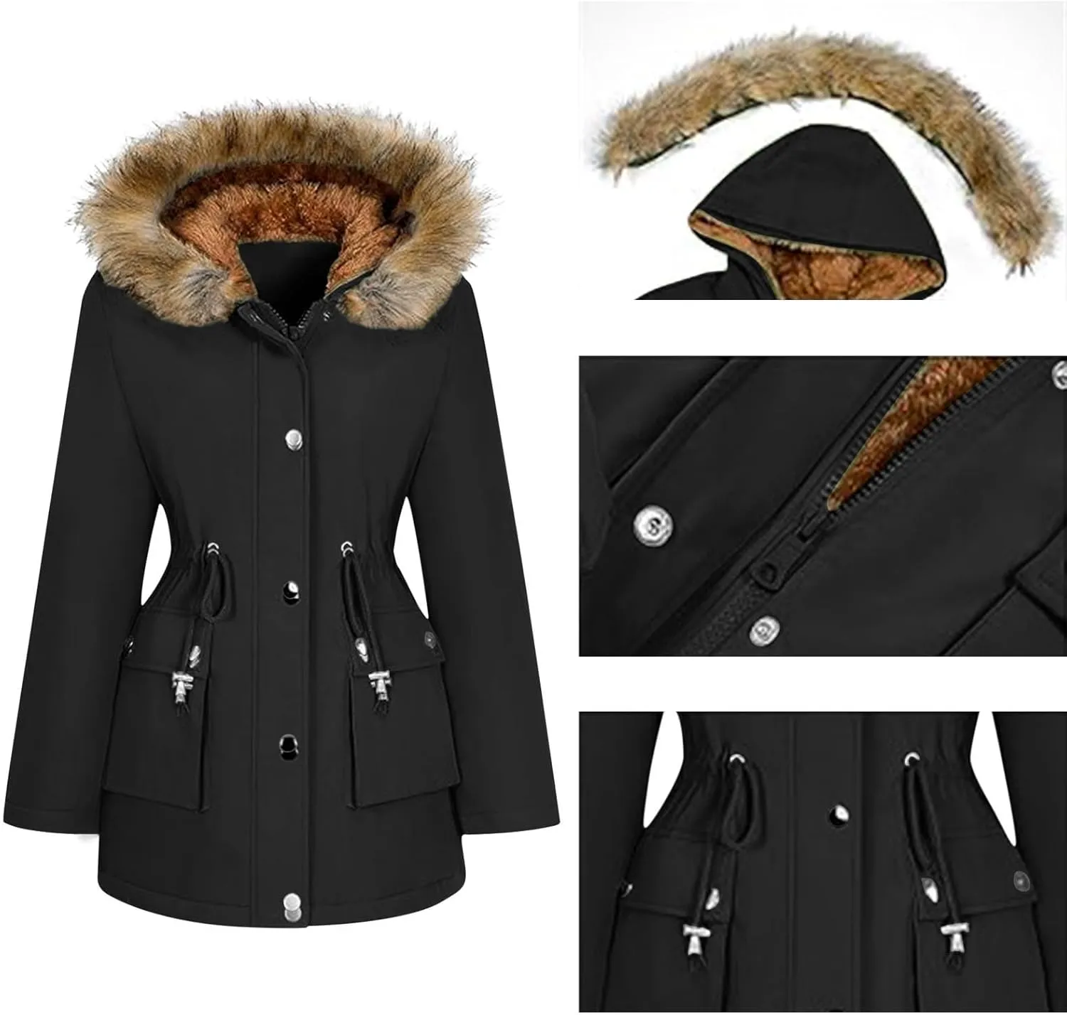 Women's Mid-Length Parka Winter Outerwear Jacket Soft Fleece Warm Snow Coat Solid Color Classic Coats Casual Jacket