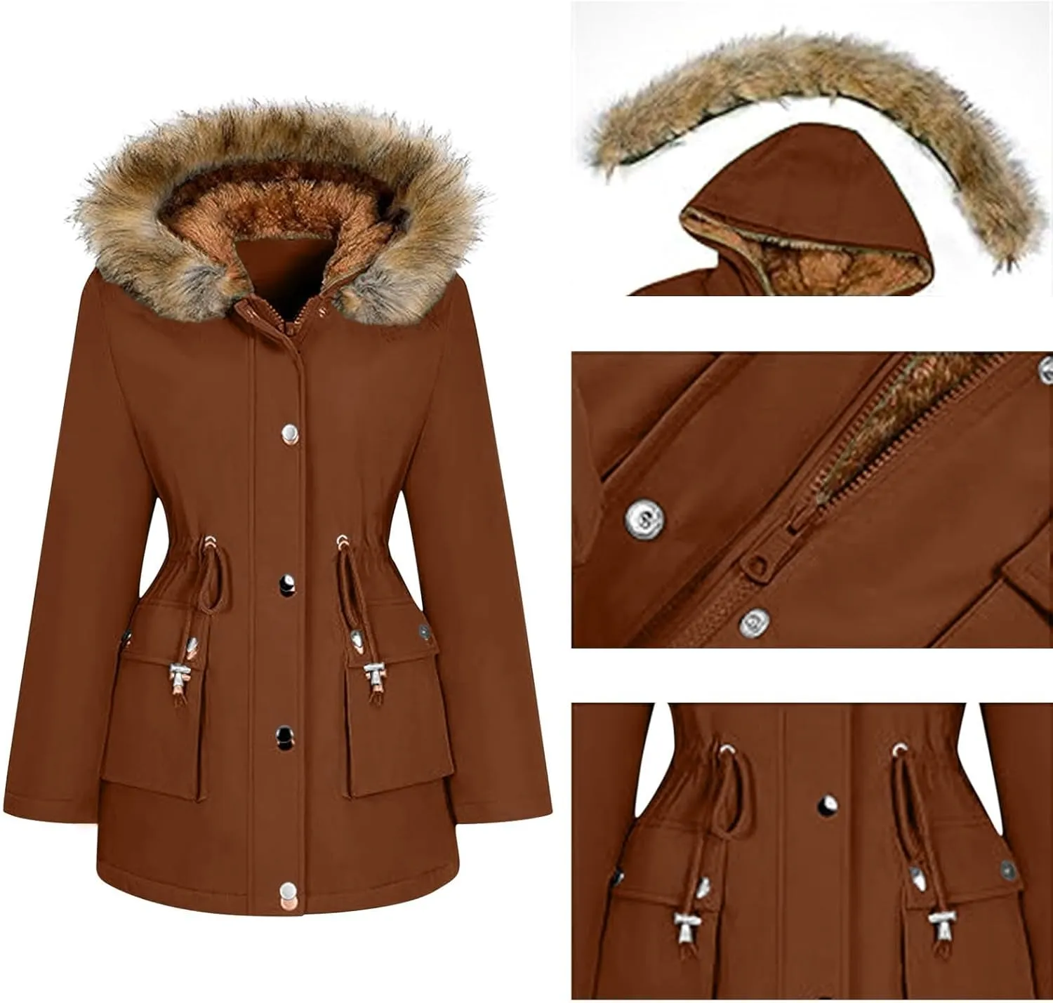 Women's Mid-Length Parka Winter Outerwear Jacket Soft Fleece Warm Snow Coat Solid Color Classic Coats Casual Jacket