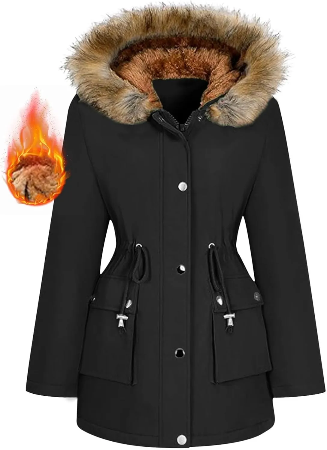 Women's Mid-Length Parka Winter Outerwear Jacket Soft Fleece Warm Snow Coat Solid Color Classic Coats Casual Jacket