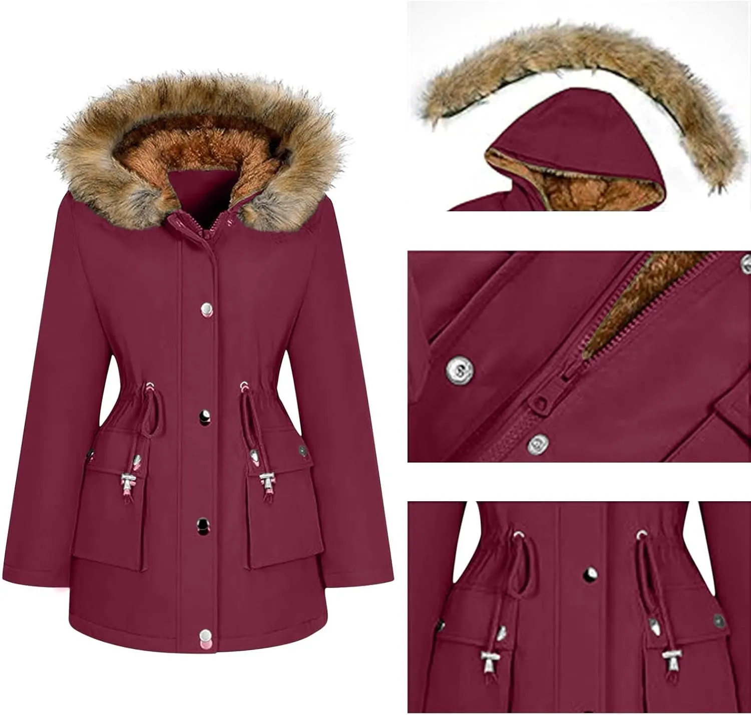 Women's Mid-Length Parka Winter Outerwear Jacket Soft Fleece Warm Snow Coat Solid Color Classic Coats Casual Jacket