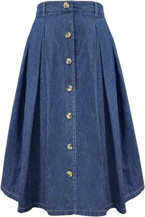 Women’s Midi Pleated Jean Skirt Casual Flared Long Denim Skirts for Women with Pocket