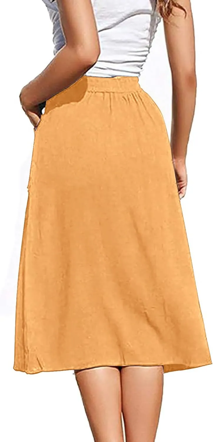 Women's Midi Skirts Casual High Elastic Waist A Line Pleated Midi Skirts with Pockets