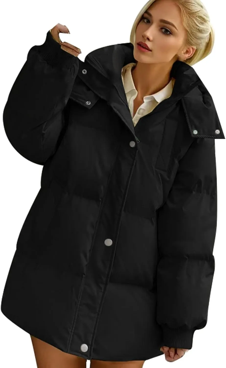 Women's Puffer Down Jacket Lightweight Quilted Jackets Oversized Mid Length Thickened Hoodie Winter Coat with Pockets