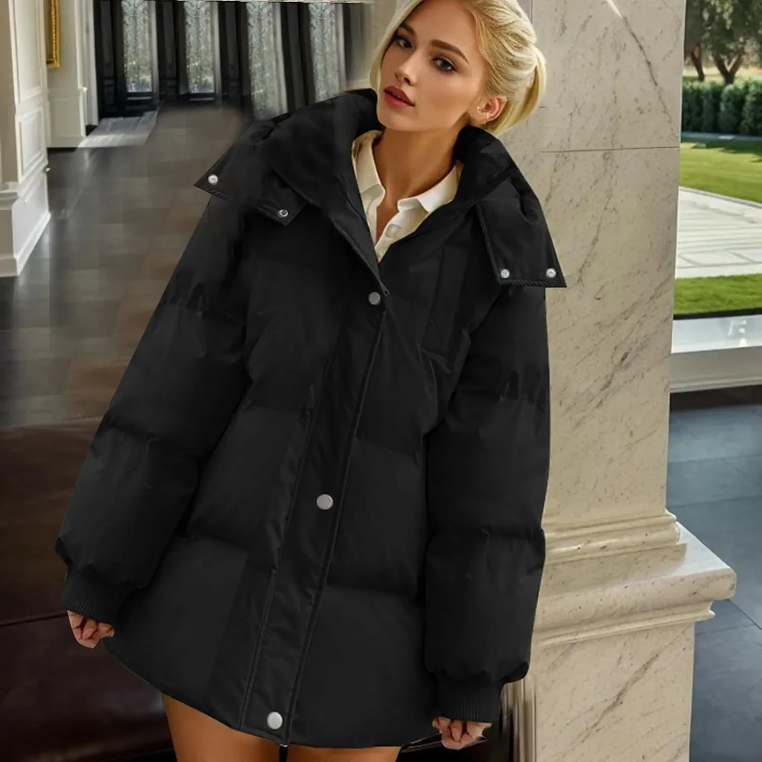 Women's Puffer Down Jacket Lightweight Quilted Jackets Oversized Mid Length Thickened Hoodie Winter Coat with Pockets