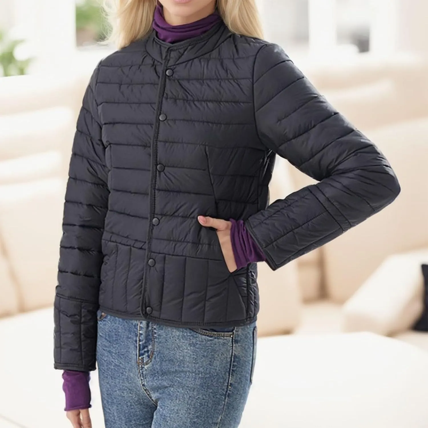 Womens Puffer Jacket Lightweight Quilted Jackets Pockets 2024 Winter Fleece Coat Warm Petite Plus Size Cotton Jacket