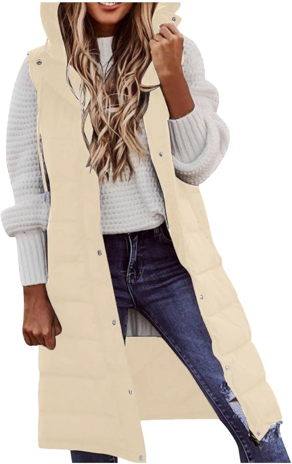 Womens Puffer Jacket with Hood Winter Lightweight Warm Sleeveless Long Down Coat Casual Button Quilted Outdoor Outwear