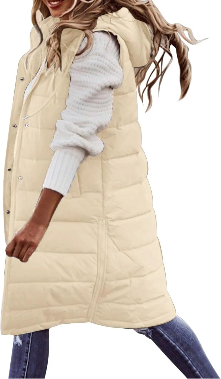 Womens Puffer Jacket with Hood Winter Lightweight Warm Sleeveless Long Down Coat Casual Button Quilted Outdoor Outwear