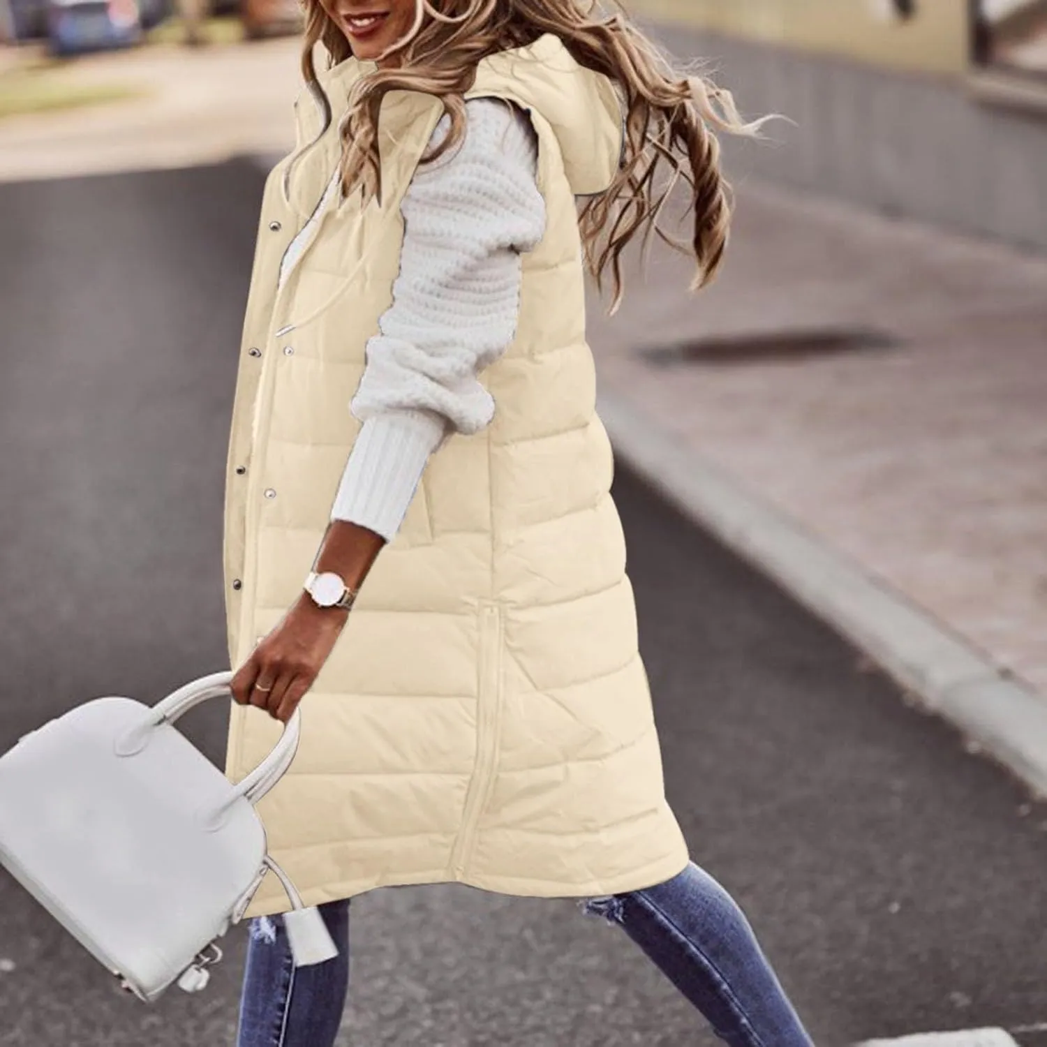 Womens Puffer Jacket with Hood Winter Lightweight Warm Sleeveless Long Down Coat Casual Button Quilted Outdoor Outwear