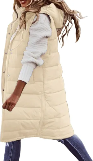Womens Puffer Jacket with Hood Winter Lightweight Warm Sleeveless Long Down Coat Casual Button Quilted Outdoor Outwear