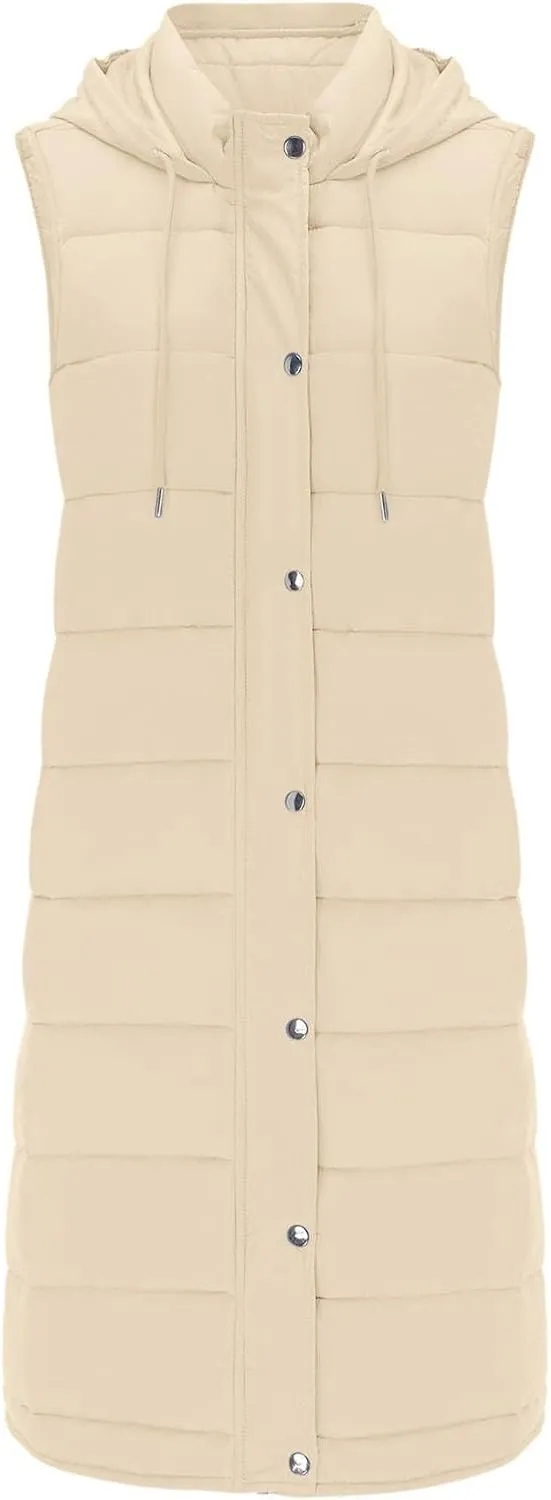 Womens Puffer Jacket with Hood Winter Lightweight Warm Sleeveless Long Down Coat Casual Button Quilted Outdoor Outwear