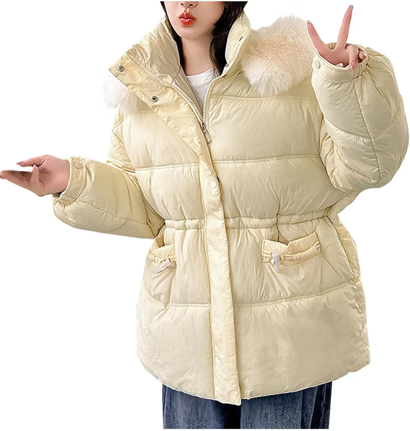 Womens Puffer Jackets Oversized Full Zipped Down Coats Casual Padded Quilted Jacket Winter Outerwear with Fur Hood