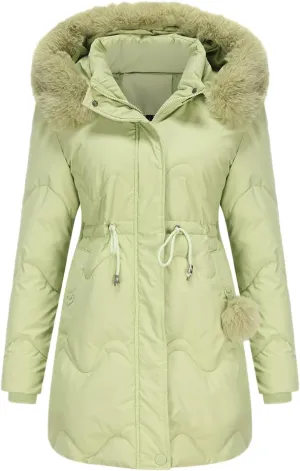 Women's Puffer Jackets Warm Winter Down Coats Long Length Maxi Solid Color Zip Quilted Puffer Jackets with Fur Hood