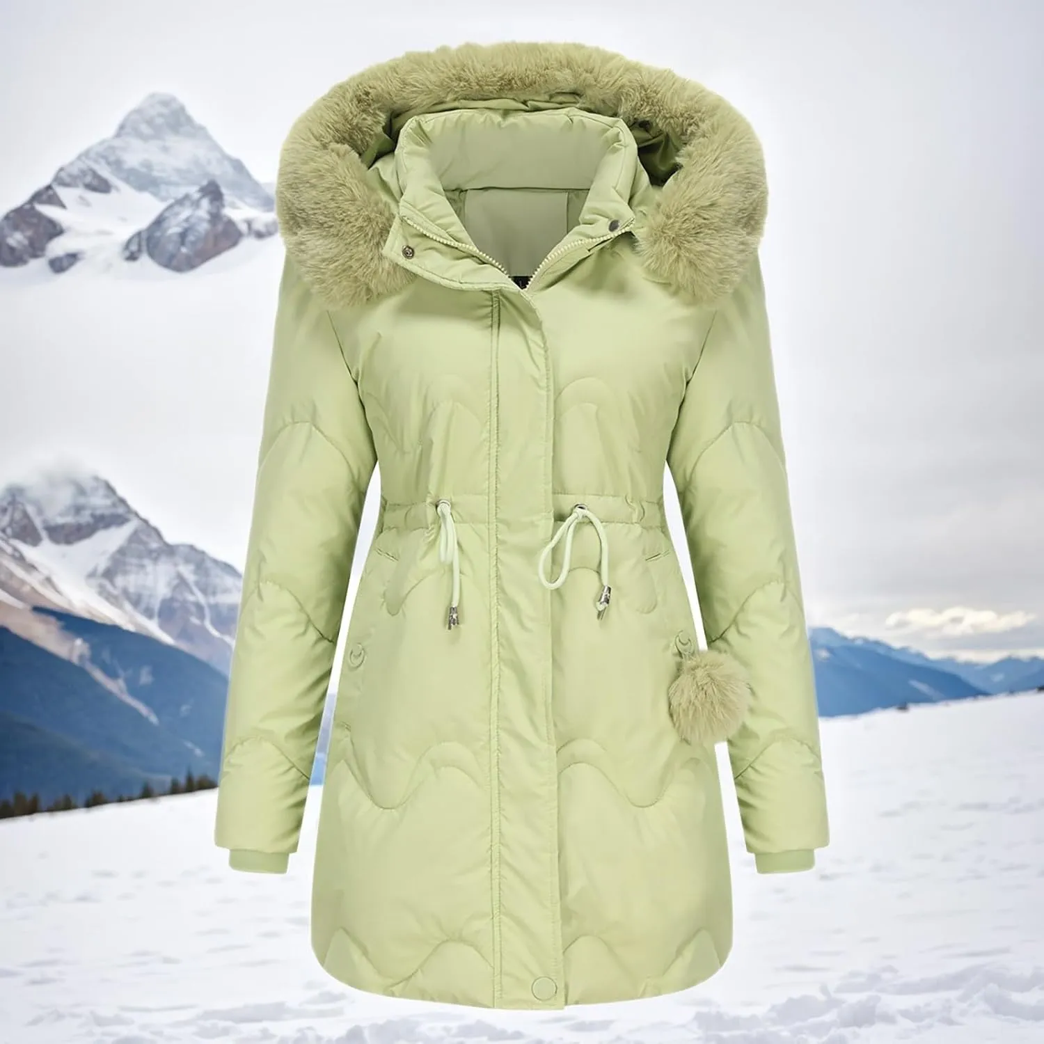 Women's Puffer Jackets Warm Winter Down Coats Long Length Maxi Solid Color Zip Quilted Puffer Jackets with Fur Hood