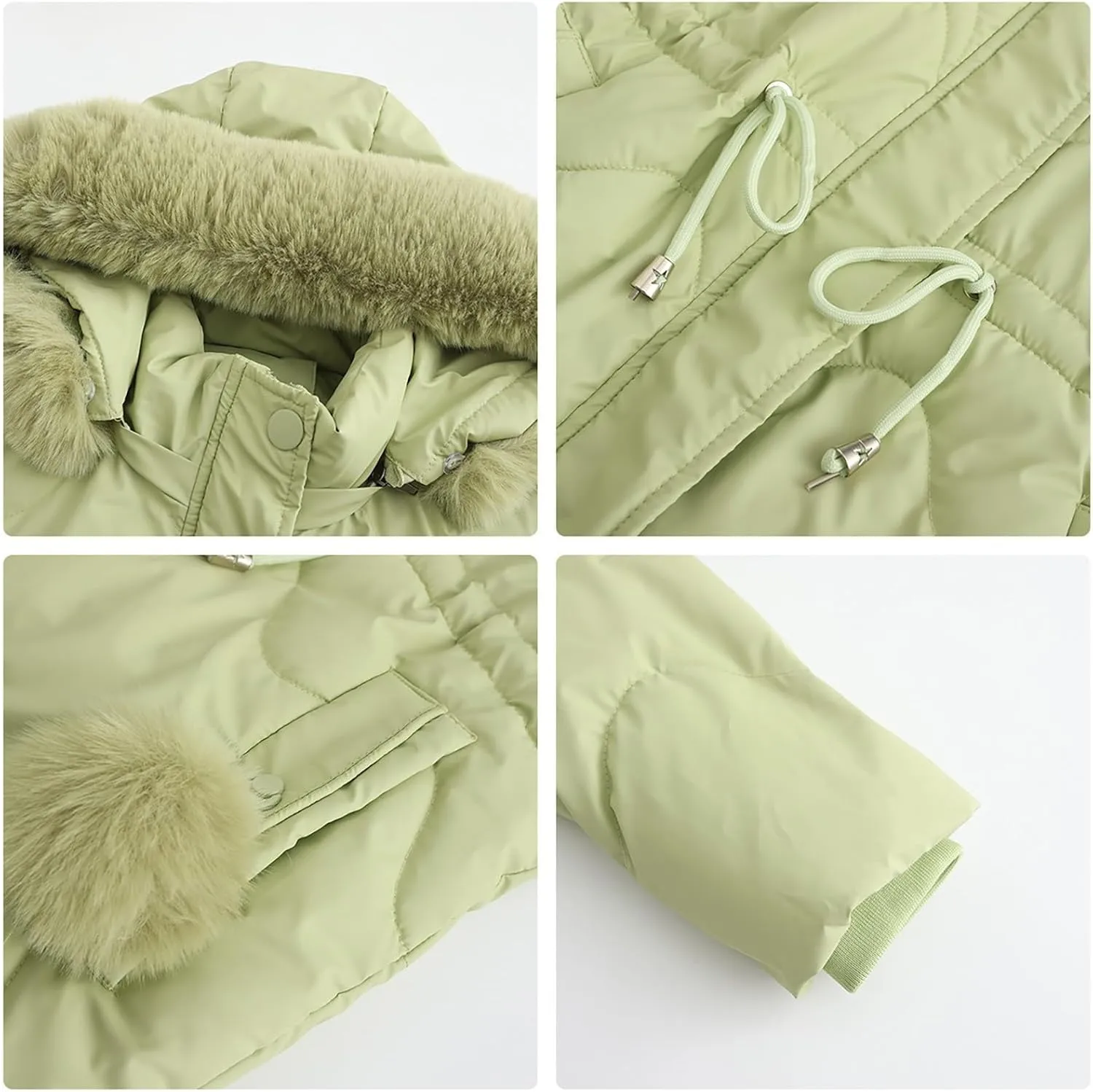Women's Puffer Jackets Warm Winter Down Coats Long Length Maxi Solid Color Zip Quilted Puffer Jackets with Fur Hood