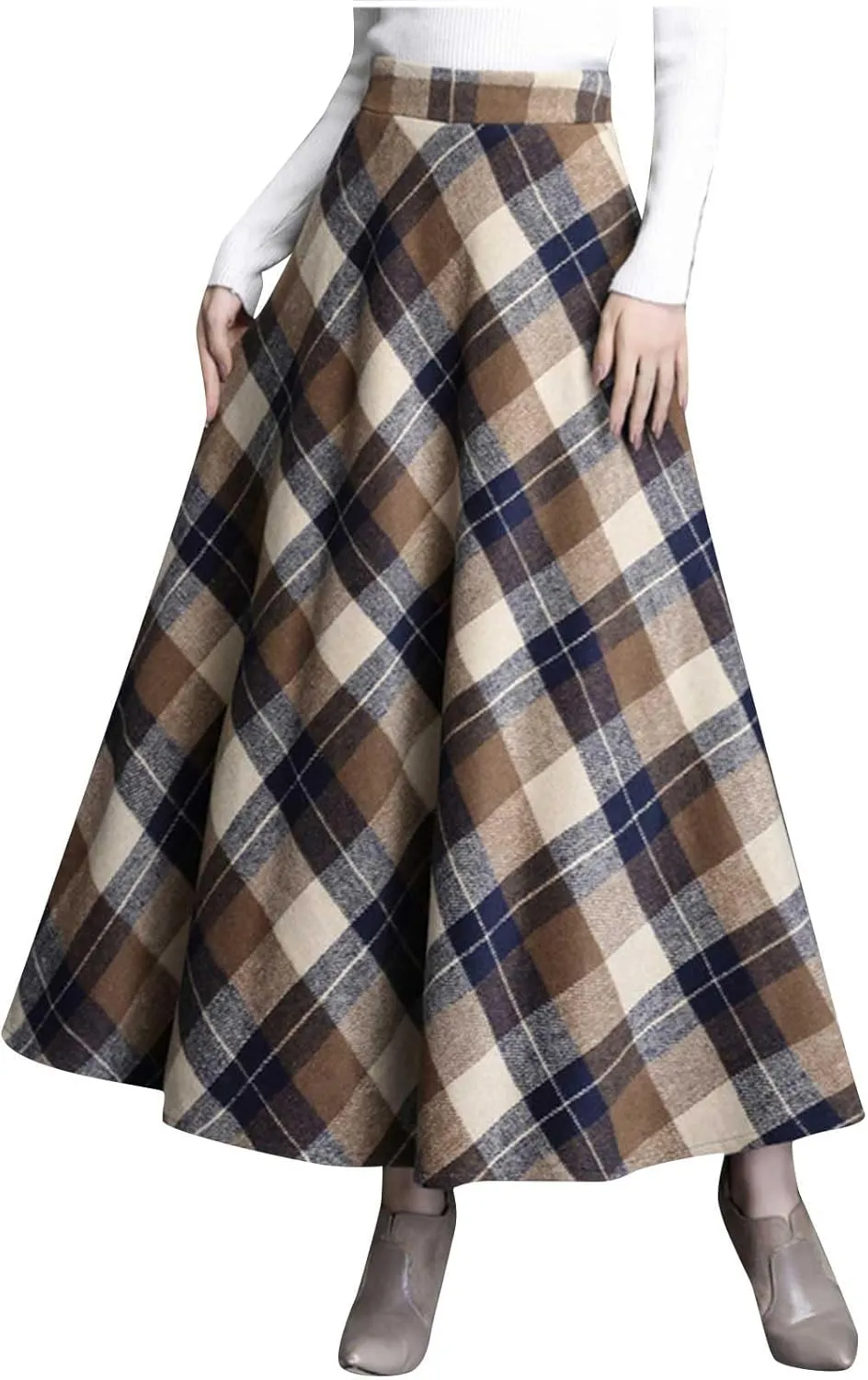 Women's Retro Woolen Plaid Skirt Winter Fall Warm High Waisted Maxi Skirt A line Flared Pleated Tartan Skirts